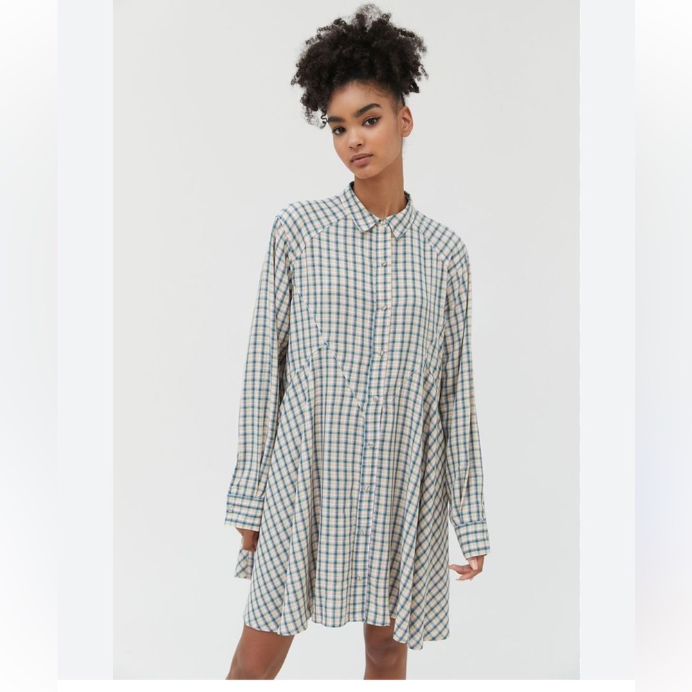 BDG Plaid Long Sleeve Shirt Dress in Blue and Cream Small EUC